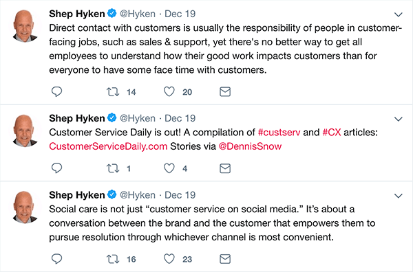 Questo è uno screenshot di tre tweet che Shep Hyken ha fatto sul servizio clienti.