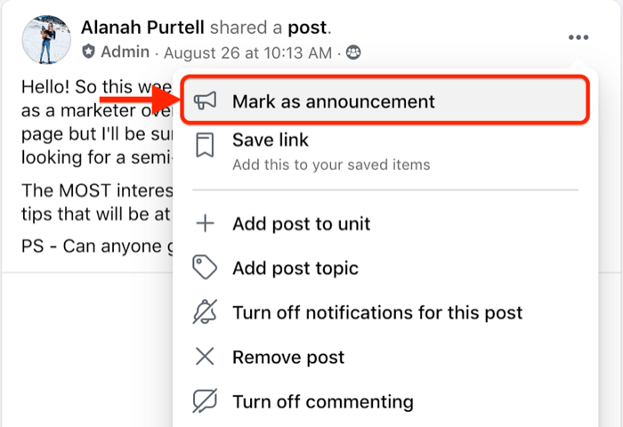 opzione del menu dei post del gruppo Facebook per contrassegnare un post specifico come annuncio