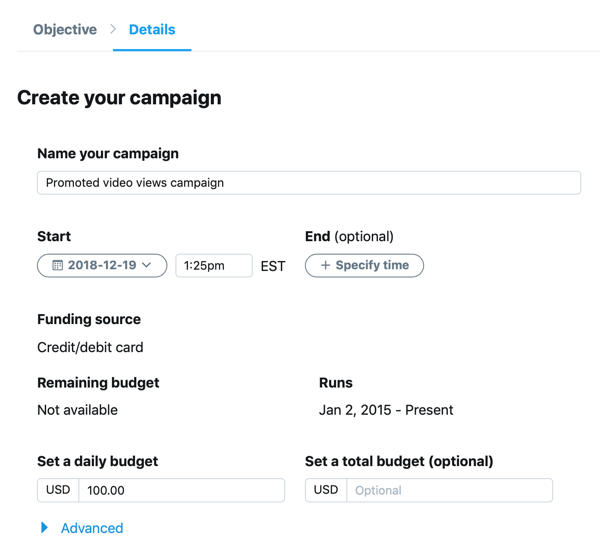 Esempio di impostazioni della campagna per il tuo annuncio Twitter Visualizzazioni video sponsorizzati.