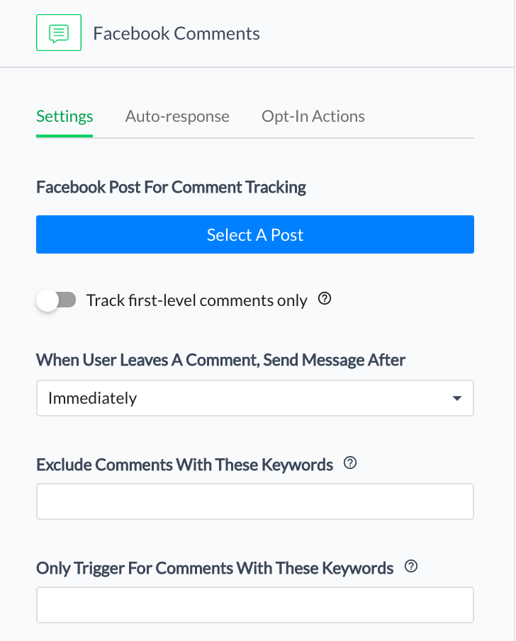 Scegli il tuo post di Facebook e inserisci la parola chiave che gli utenti digiteranno nei commenti per attivare il bot.