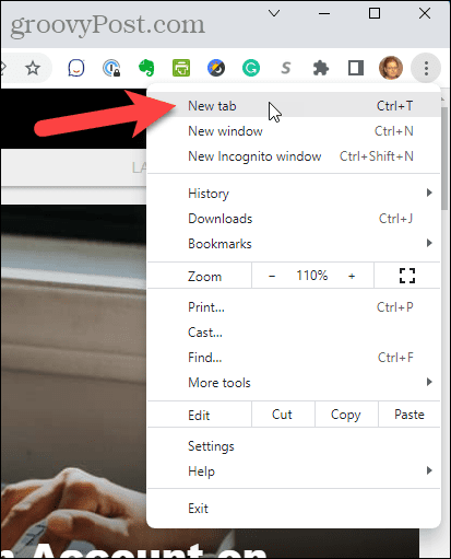 Seleziona Nuova scheda dal menu Chrome
