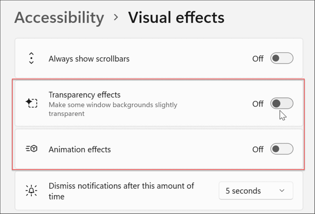 accessibilità effetti visivi impostazioni di Windows 11