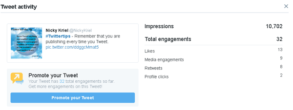 Fai clic su un tweet per visualizzare più dati sul coinvolgimento in Twitter Analytics.