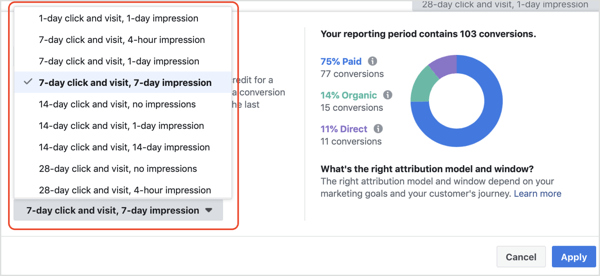 Elenco a discesa della finestra Attribution nello strumento Attribution di Facebook