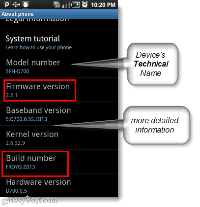 firmware Android e numero di build, anche numero di modello