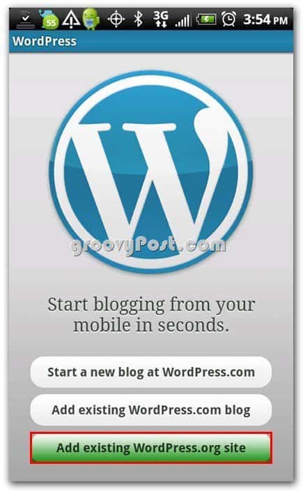 Wordpress nel menu di configurazione di Android - Aggiungi un sito Web esistente