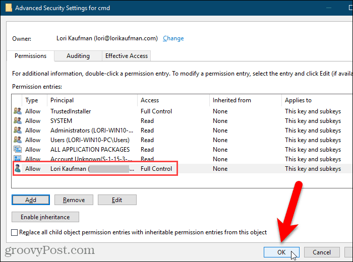 Chiudi la finestra di dialogo Impostazioni di sicurezza avanzate nel registro di Windows