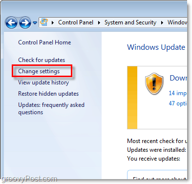 Windows 7 - Schermata del link di configurazione di Windows Update