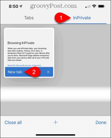 Tocca InPrivate, quindi tocca Nuova scheda in Edge per iOS
