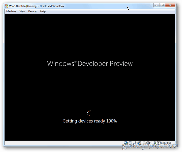 Schermata di avvio di VirtualBox Windows 8 dopo l'installazione