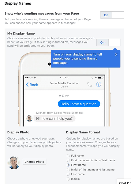 Facebook consente agli amministratori della pagina di selezionare il nome visualizzato quando utilizzano Messenger per conto della loro pagina o azienda.