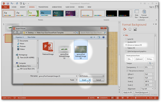 Modello Office 2013 Crea Crea design personalizzato POTX Personalizza diapositive Tutorial Come formattare lo sfondo Immagine personalizzata Immagine Importazione