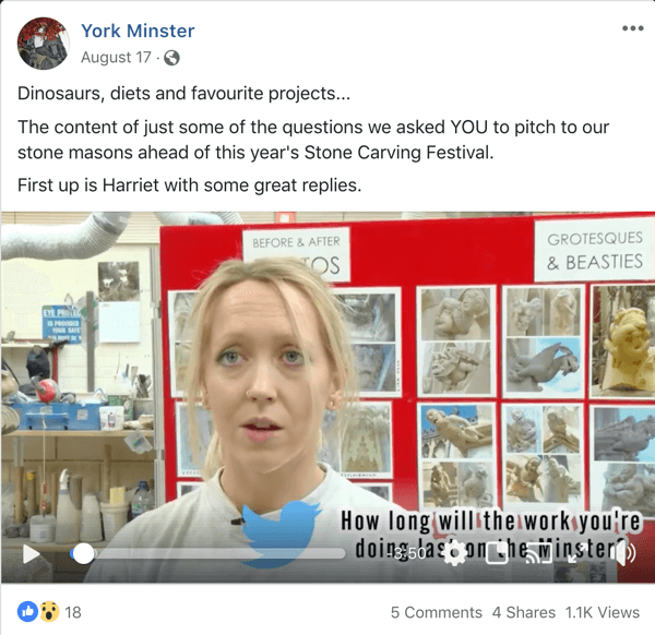 Esempio di post di Facebook a sostegno di un AMA da York Minster.