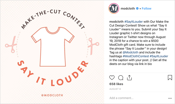 ModCloth ha chiesto agli utenti di Instagram di condividere i propri design in post originali e ha offerto un generoso incentivo (in proporzione all'assegnazione): la possibilità di vincere una carta regalo da $ 500.