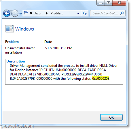 visualizzare le informazioni tecniche inclusi i codici di errore di Windows 7