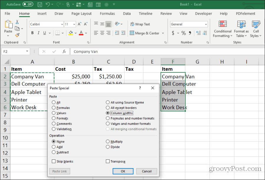 incollare le larghezze delle colonne in Excel