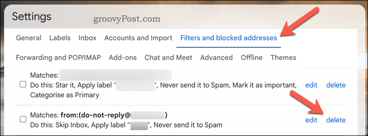 Pulsante Elimina filtro in Gmail
