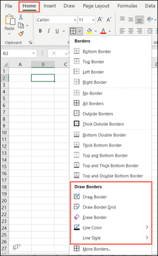 Opzioni del bordo in Excel