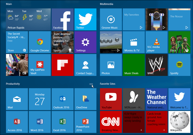 Il menu di avvio dei gruppi di tessere di Windows 10 è ampio