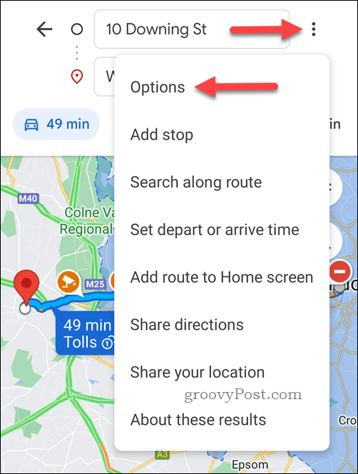 Apri le opzioni delle indicazioni stradali di Google Maps