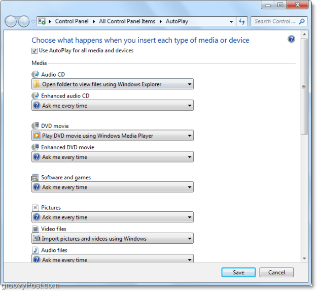 Risparmia tempo personalizzando le azioni di riproduzione automatica di Windows 7