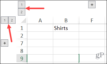 Colonne raggruppate e pulsanti numerici di righe in Excel su Windows