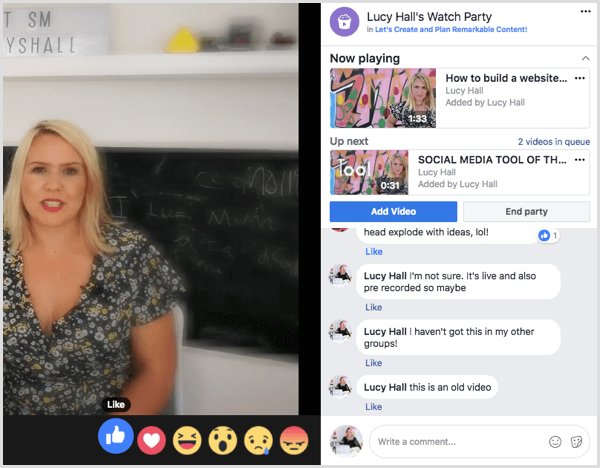 I membri del gruppo possono commentare e reagire ai video durante una festa di visualizzazione di Facebook.