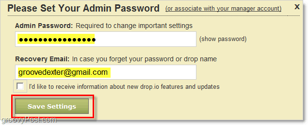 come impostare la password dell'amministratore di drop.io