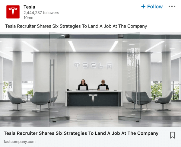Esempio di post della pagina aziendale di Tesla LinkedIn.