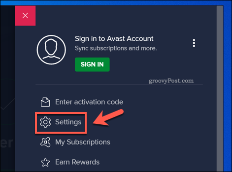 Apertura del menu delle impostazioni di Avast