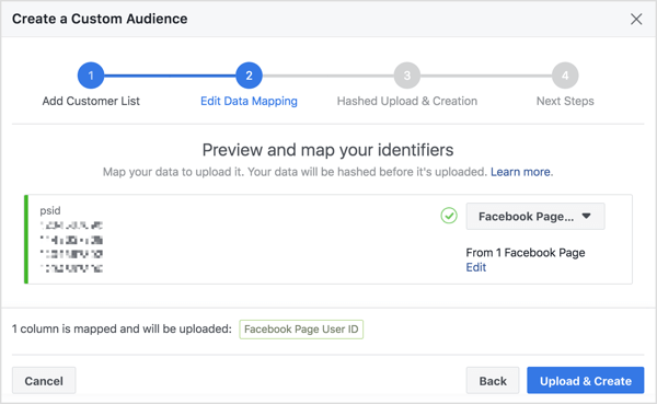 Quando importi l'elenco degli iscritti al bot di Messenger per creare un pubblico personalizzato, Facebook mappa il loro numero ID utente di Facebook, che è legato al loro profilo.