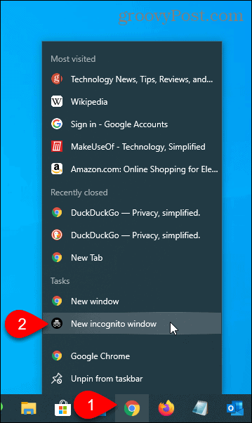 Seleziona Nuova finestra di navigazione in incognito per Chrome sulla barra delle applicazioni