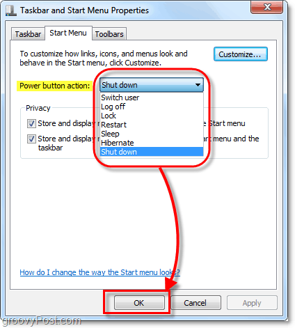 modificare l'azione del pulsante di accensione del menu Start in Windows 7