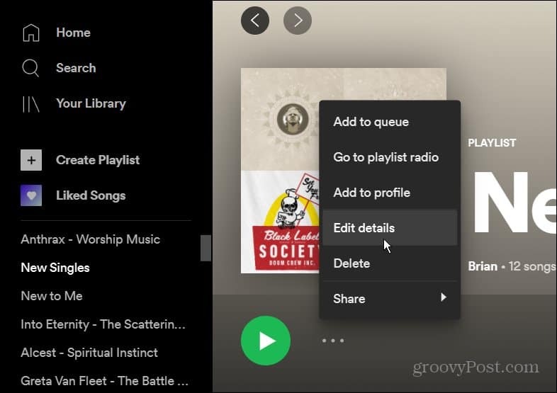 Altre opzioni Menu Spotify