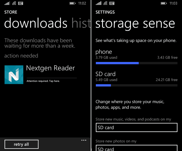 Senso di archiviazione di Windows Phone