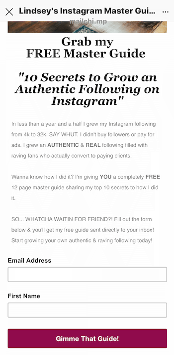 esempio di landing page per lead magnet promossa nella storia di Instagram