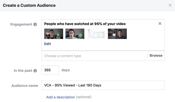 Impostazione delle opzioni per creare un pubblico personalizzato di Facebook di persone che guardano un video su Facebook o Instagram.