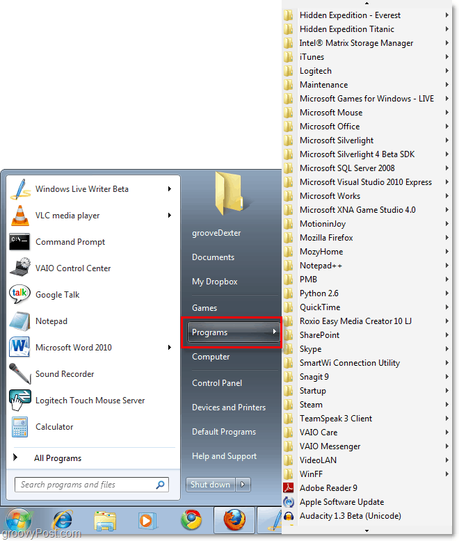 menu di avvio di windows 7 con xp classic Menu di avvio di tutti i programmi