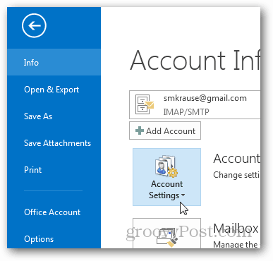 come creare il file pst per Outlook 2013 - fare clic su Impostazioni account
