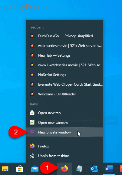 Seleziona Nuova finestra privata su Firefox sulla barra delle applicazioni