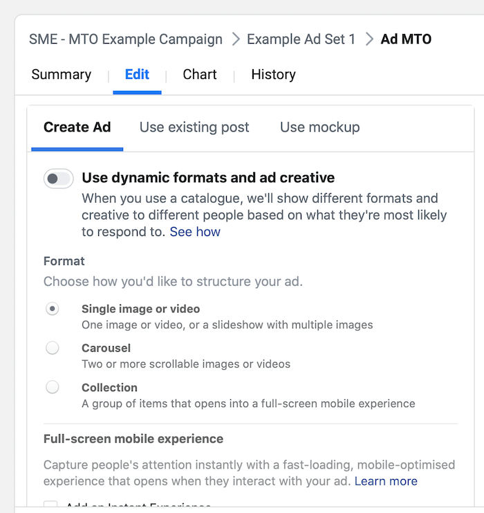 procedura dettagliata per la creazione di una campagna Facebook con più opzioni di testo