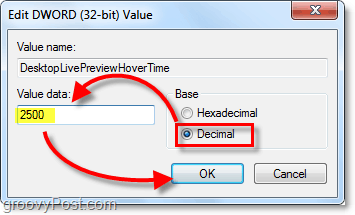 regolare le proprietà di dword su Decimale e valori di dati su 2500 per Windows 7 DesktopLivePreviewHoverTime
