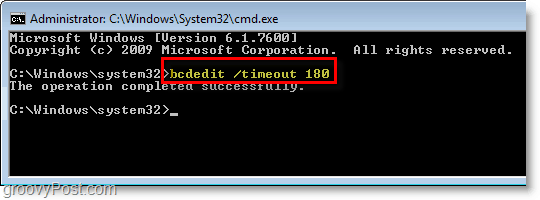 Schermata di Windows 7: inserisci bcdedit / timeout 180 nel cmd