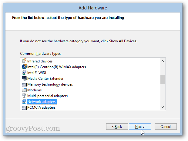 installazione dell'adattatore loopback in Windows 8