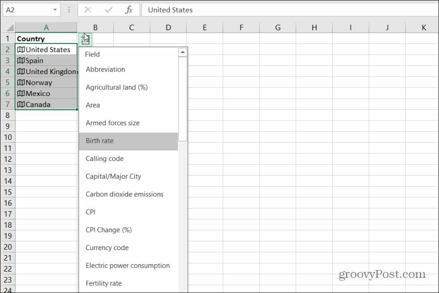 scegliendo i dati geografici del paese in Excel