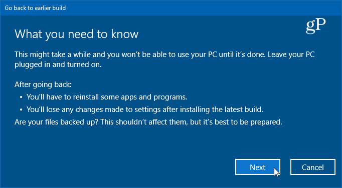 dettagli sul rollback alla versione precedente di Windows 10