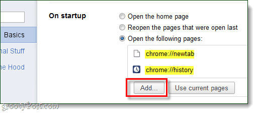 Avvio di Chrome Aggiungi pagine da aprire