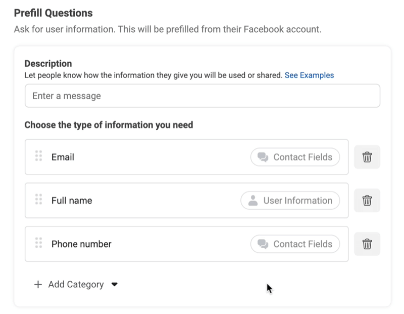Gli annunci lead di Facebook creano una nuova opzione di modulo per i lead per aggiungere domande precompilate con esempi utilizzati di e-mail, nome completo e numero di telefono