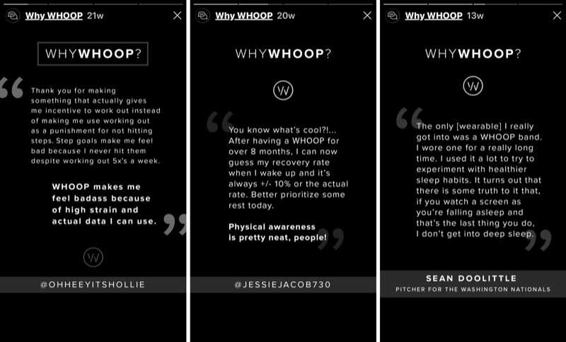 3 segmenti di Instagram Stories con testimonianze dei clienti per WHOOP