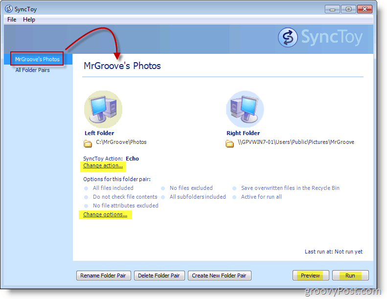 Schermata del menu principale di Microsoft SyncToy